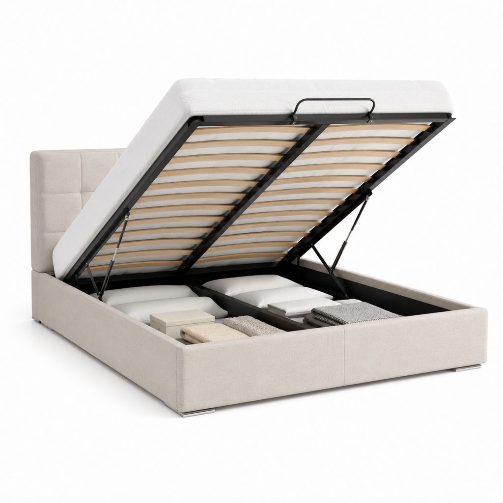 Lit coffre 160 x 200 cm beige en polyester avec sommier à lattes et tête de lit capitonnée