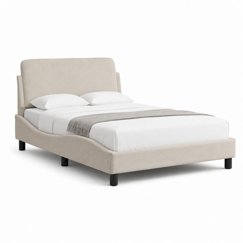 Lit double capitonné beige en polyester avec tête de lit arrondie 160 x 200 cm