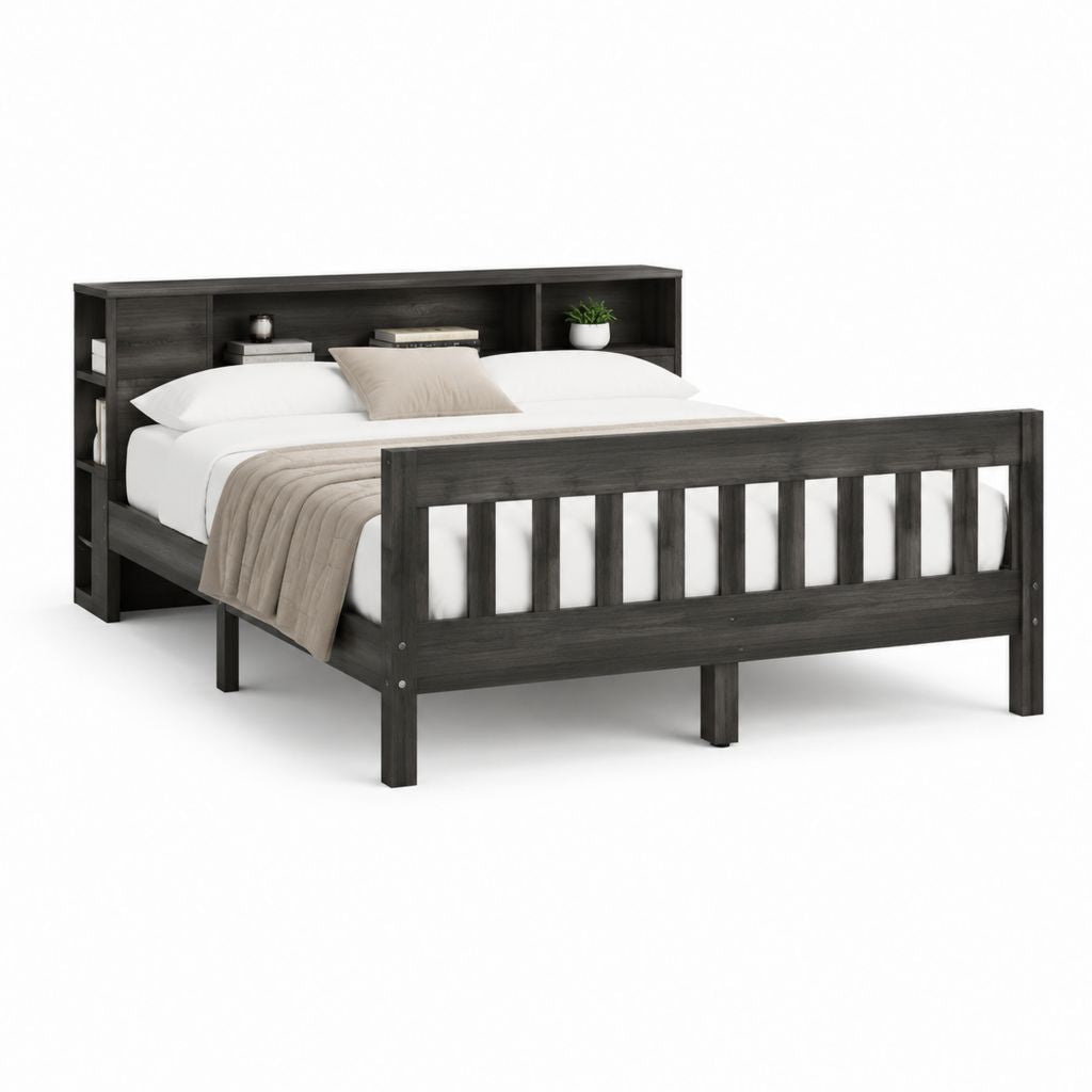 Lit double avec tête de lit à rangements noir en pin massif 160 x 200 cm