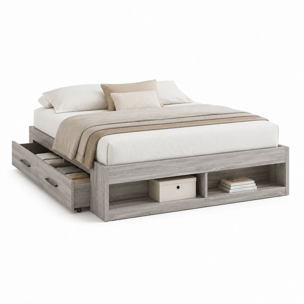 Cadre de lit double avec rangement gris chêne 160 x 200 cm