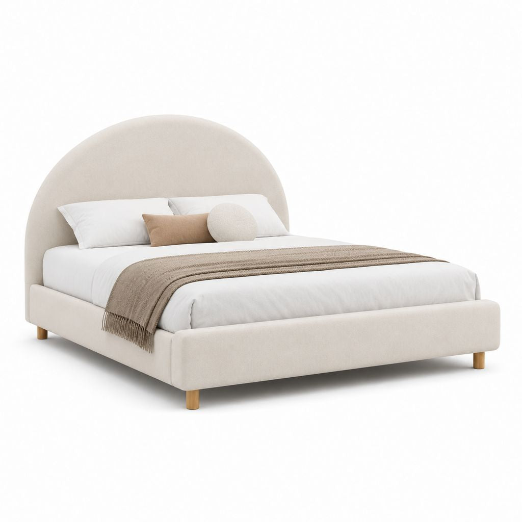 Lit double 160 x 200 cm beige en polyester avec tête de lit arrondie