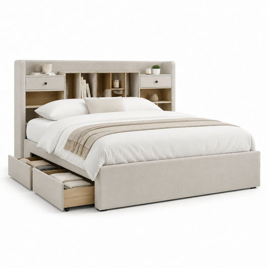 Lit coffre 160 x 200 cm beige en MDF et polyester avec tête de lit rangement et 2 tiroirs