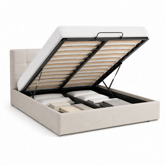 Lit coffre 160 x 200 cm beige en polyester avec sommier à lattes et tête de lit capitonnée