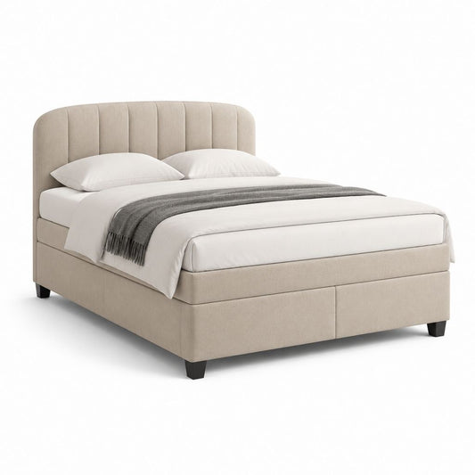 Lit coffre 160 x 200 cm beige en polyester avec tête de lit capitonnée