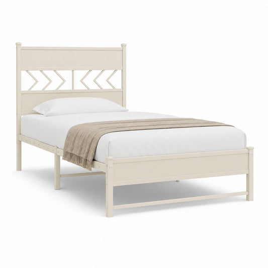 Lit simple 90 x 190 cm blanc cassé en pin massif avec tête de lit ajourée