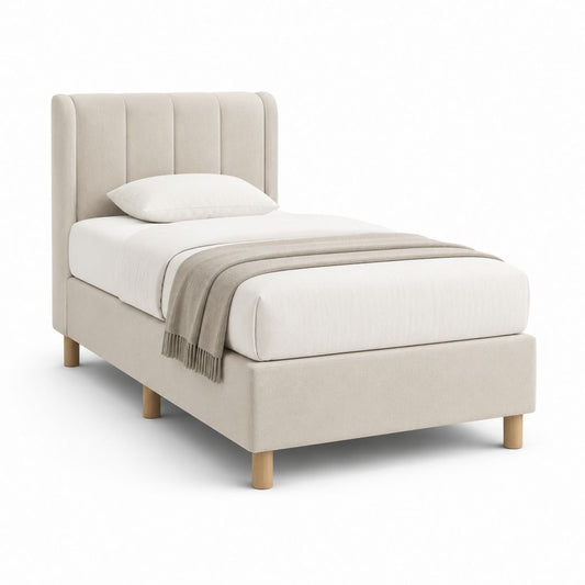 Lit une place capitonné beige en polyester avec sommier à lattes 90 x 190 cm