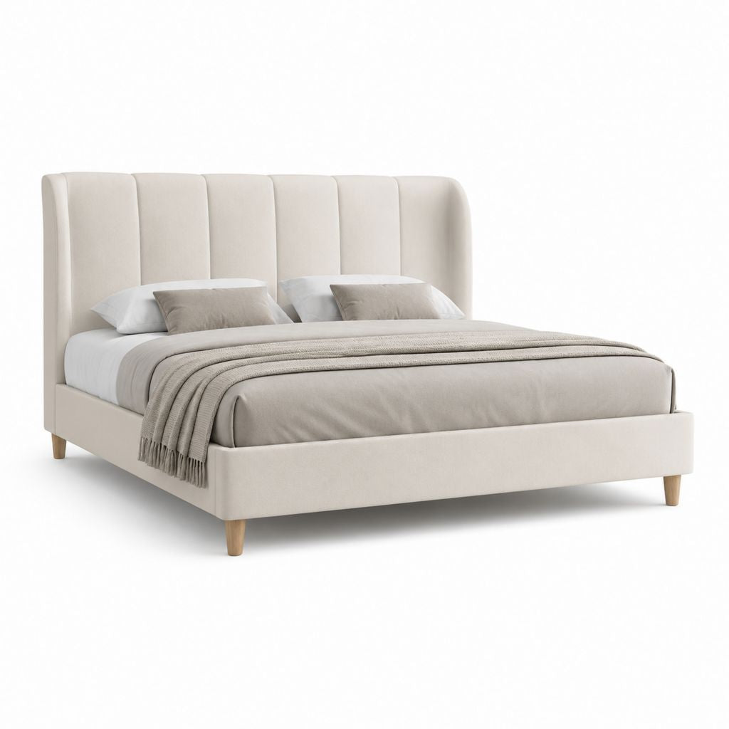 Lit double rectangulaire beige en polyester 160 x 200 cm