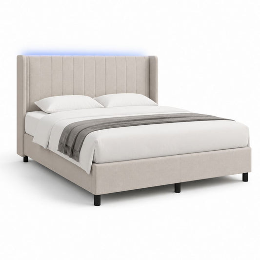 Lit double capitonné beige en polyester avec tête de lit verticale 160 x 200 cm 176 x 215 x 115 cm