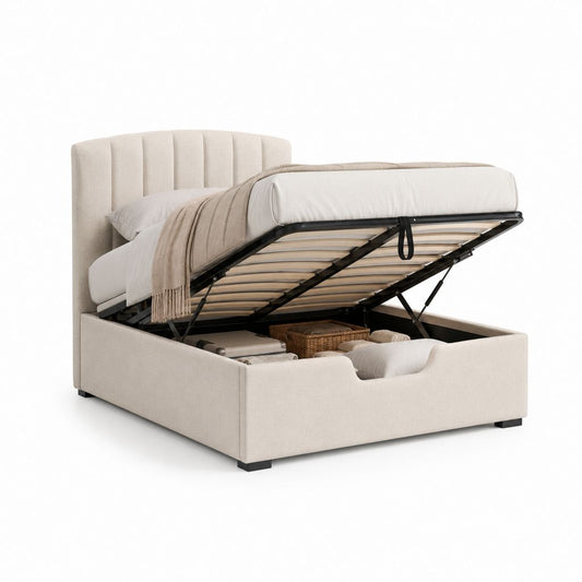 Lit coffre double beige en polyester avec sommier relevable 160 x 200 cm