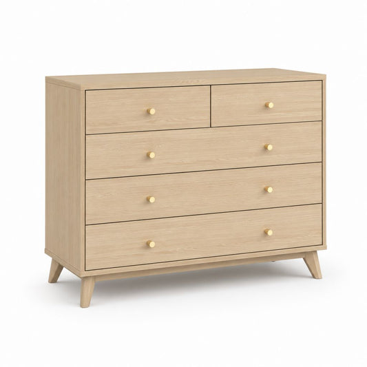 Commode basse 6 tiroirs chêne clair panneaux de particules rectangulaire 120 x 40 x 90 cm