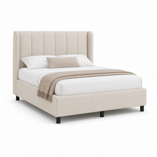 Cadre de lit double beige en polyester à tête de lit capitonnée rectangulaire 160 x 200 cm dimensions 174 x 220 x 125 cm