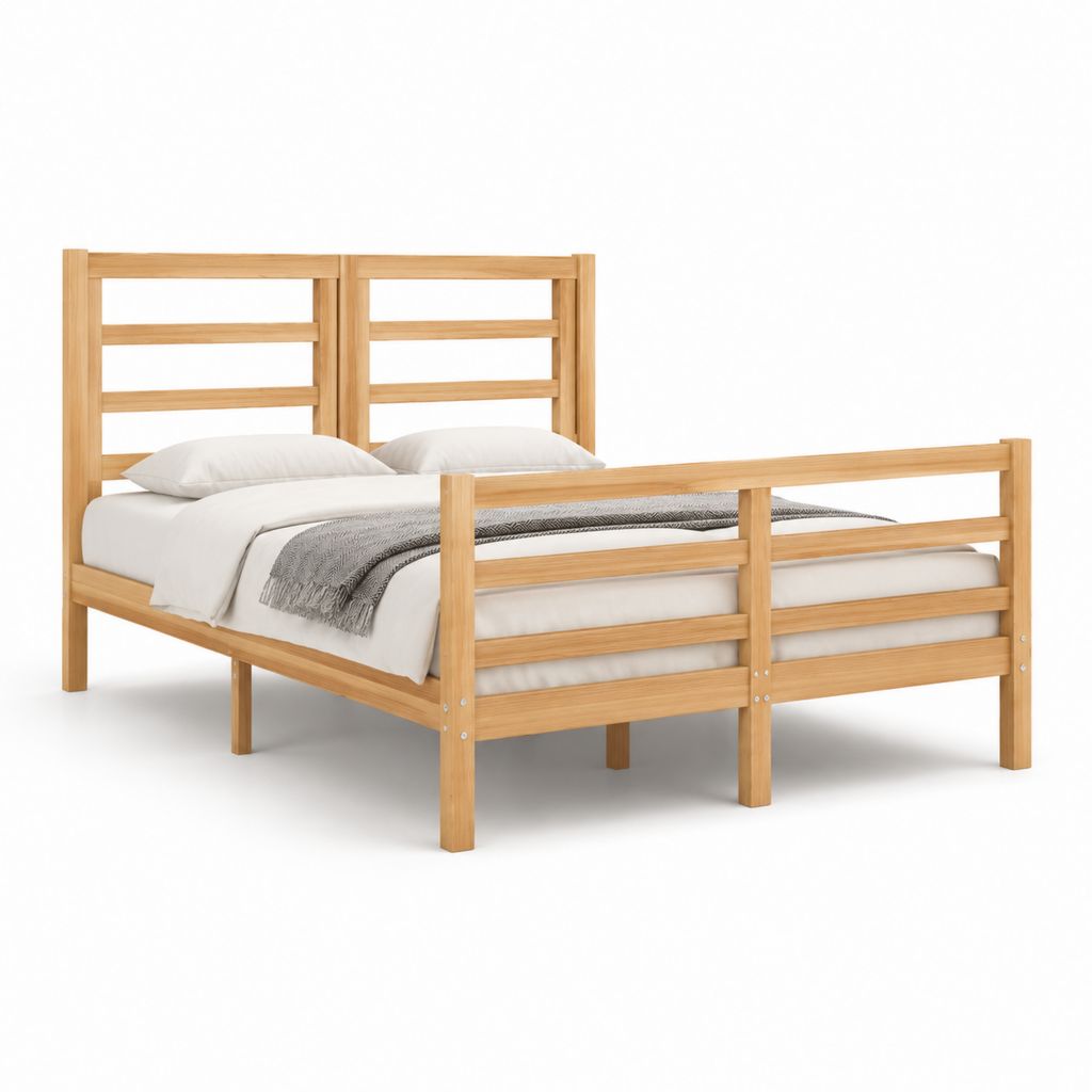 Cadre de lit double en pin massif naturel 140 x 190 cm avec tête et pied de lit à barreaux