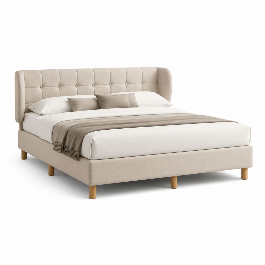 Lit double avec cadre de lit beige en polyester rectangulaire 160 x 200 cm