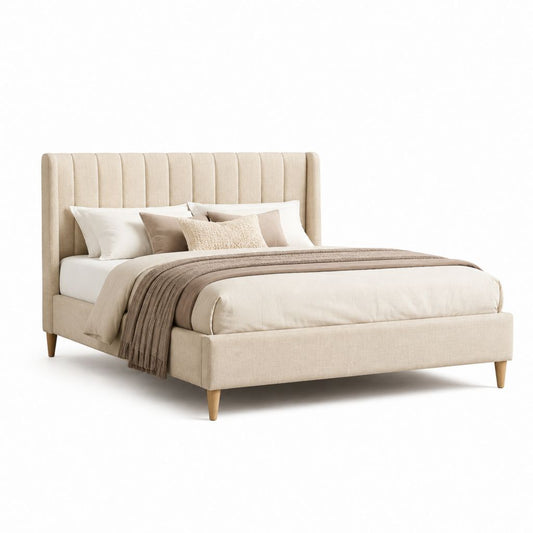 Lit double rembourré beige en polyester rectangulaire 160 x 200 cm