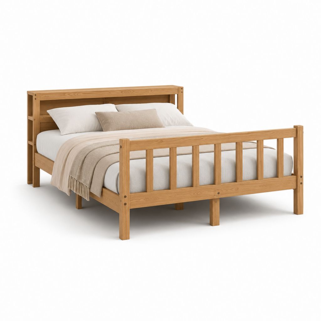 Cadre de lit double 140 x 190 cm chêne massif naturel avec tête et pied de lit à barreaux