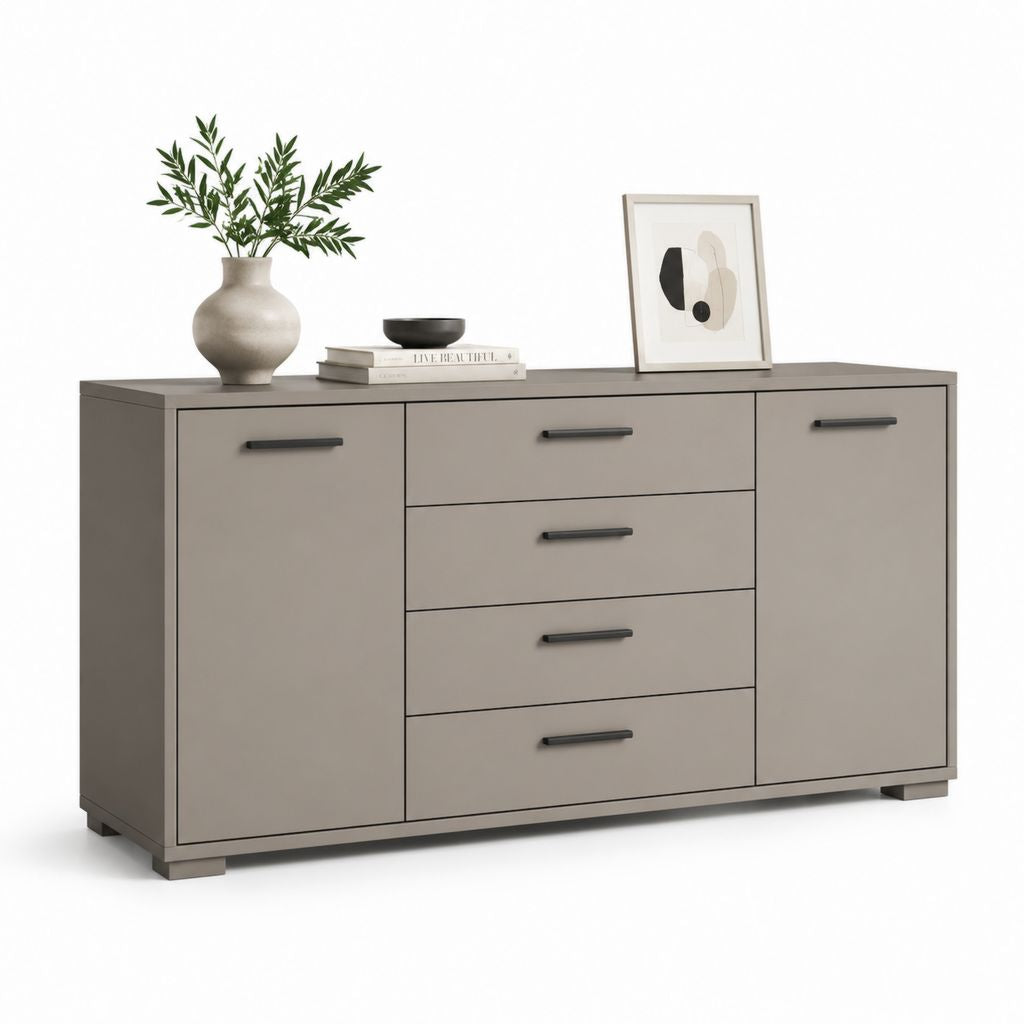 Commode basse 2 portes 4 tiroirs taupe en panneaux MDF mélaminés 160 x 40 x 80 cm