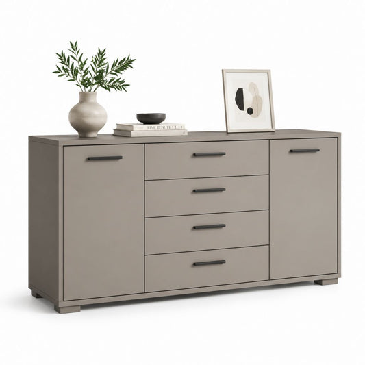 Commode basse 2 portes 4 tiroirs taupe en panneaux MDF mélaminés 160 x 40 x 80 cm