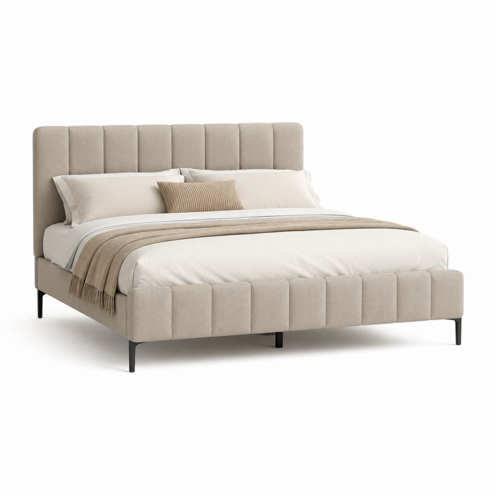 Lit double 160 x 200 cm beige en polyester avec tête de lit et pied de lit capitonnés