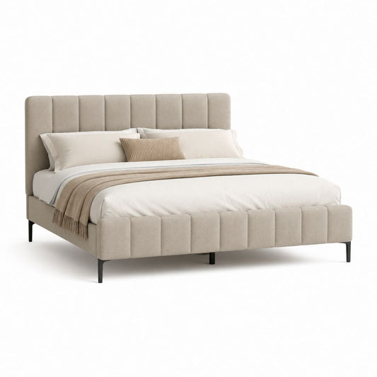 Lit double 160 x 200 cm beige en polyester avec tête de lit et pied de lit capitonnés