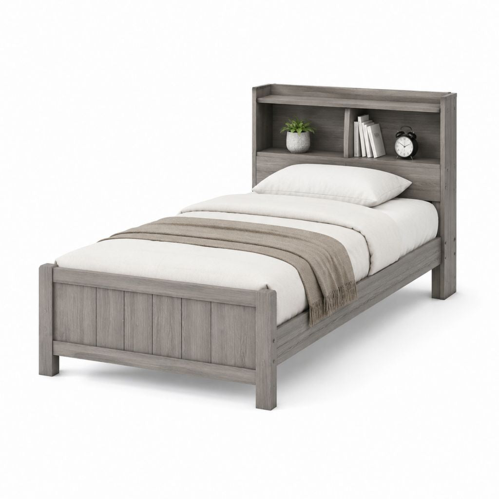 Lit simple avec tête de lit à rangement gris en pin massif 90 x 190 cm