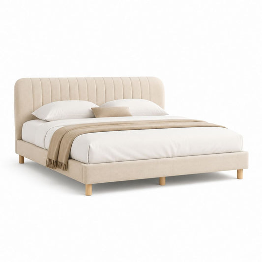 Lit double 160 x 200 cm beige en polyester avec tête de lit capitonnée et pieds en bois massif