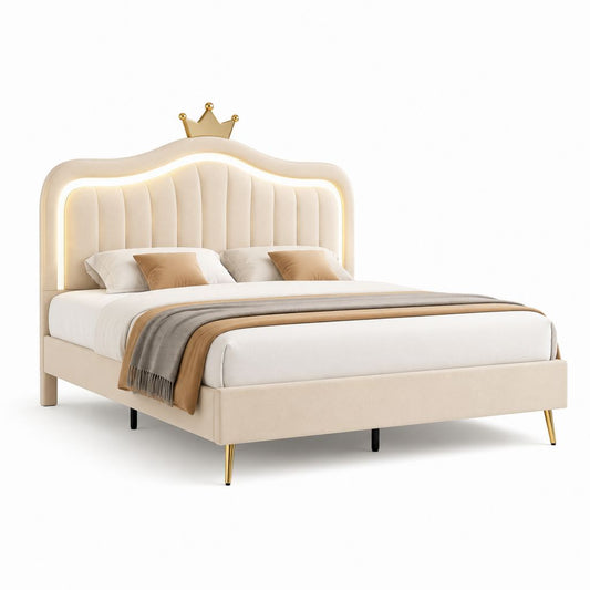 Lit double 160 x 200 cm crème en polyester avec tête de lit LED couronne