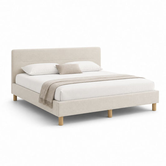 Lit double capitonné beige en polyester avec pieds en hévéa 160 x 200 cm