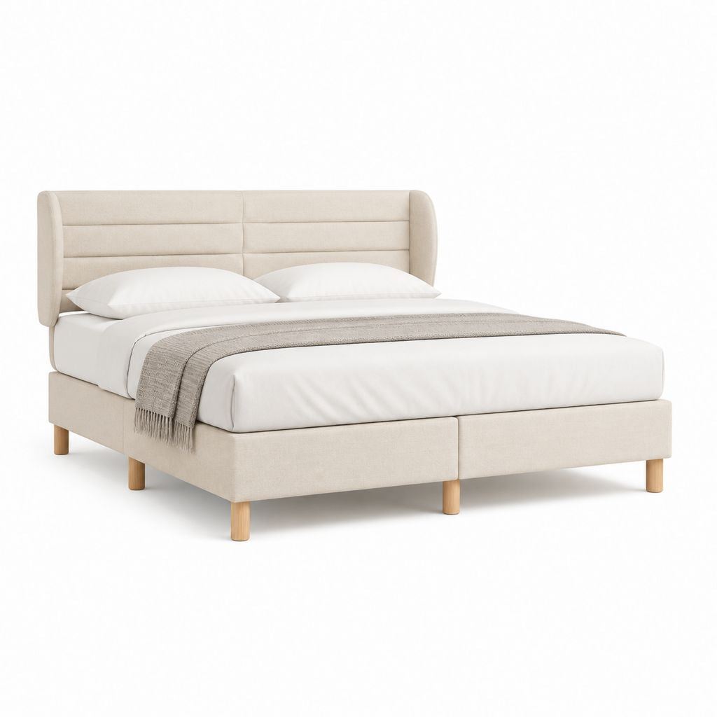 Lit double 160 x 200 cm beige en polyester avec tête de lit capitonnée et sommier à lattes