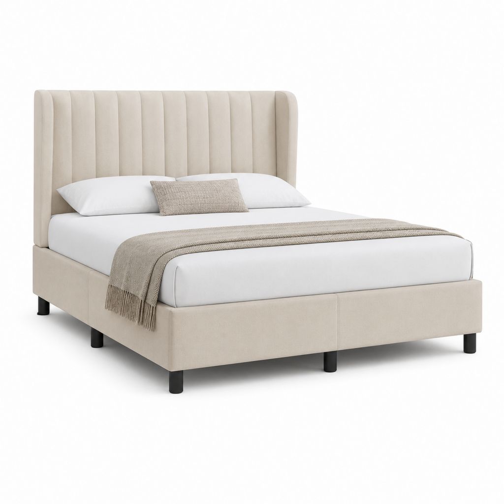 Lit double capitonné beige en polyester 160 x 200 cm avec tête de lit haute