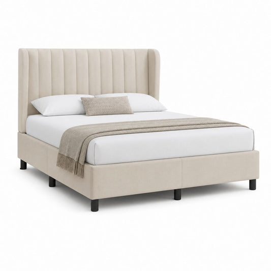 Lit double capitonné beige en polyester 160 x 200 cm avec tête de lit haute