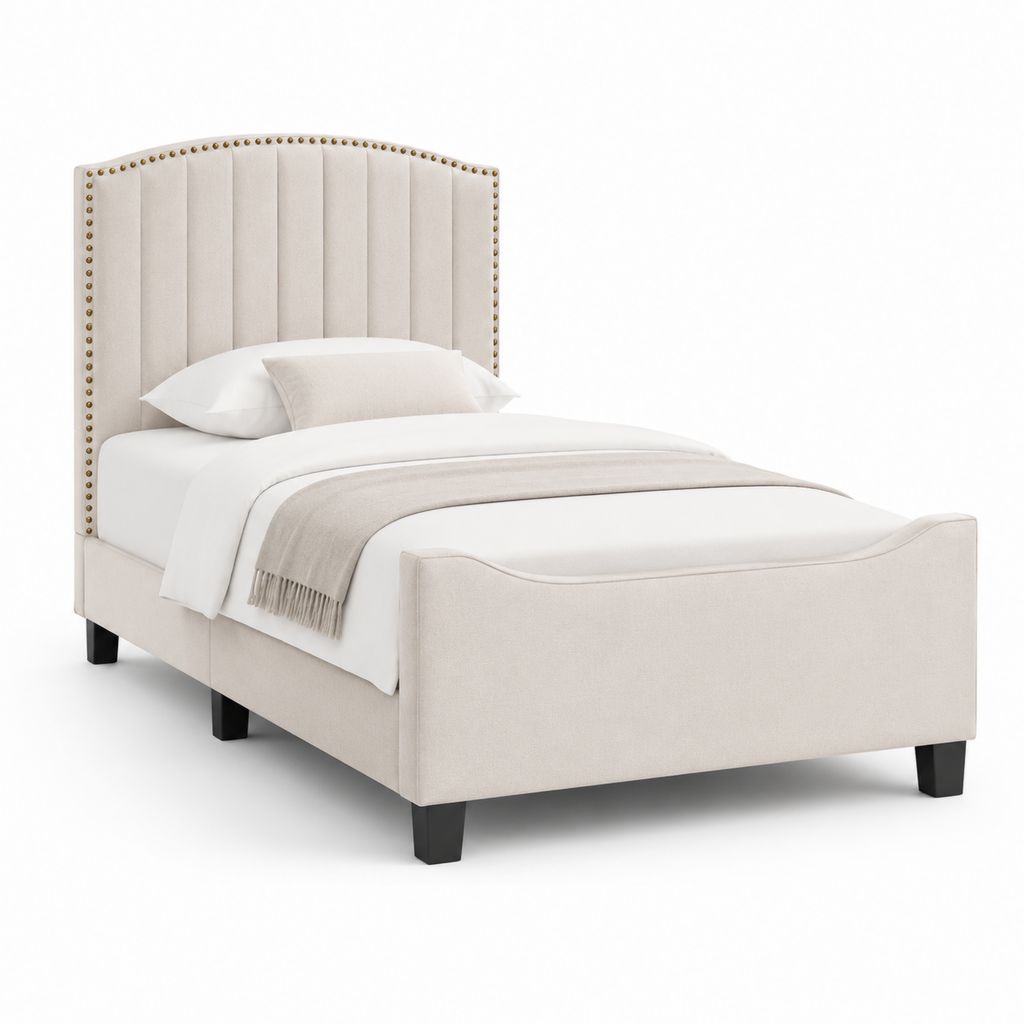 Lit 1 place tapissé beige en polyester 90 x 190 cm