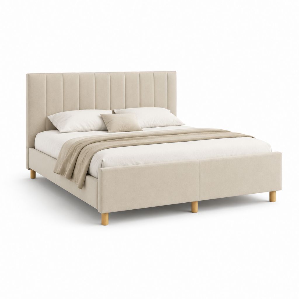 Lit double 160 x 200 cm beige en polyester avec tête de lit capitonnée